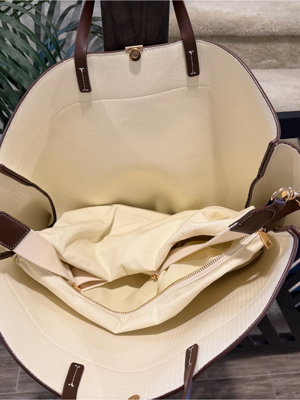Anthropologie Brown Leather Tote with Cream Strap - Picture 2 of 4